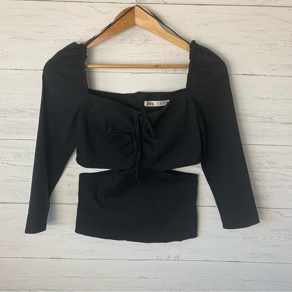 Zara Linen Blend Cut Out Top Black Puff Shoulders Cropped Small - Picture 6 of 16